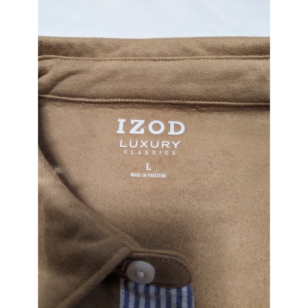 IZOD Luxury Sportswear Mens Large Tan Khaki Long Sleeve Polo Sweatshirt NWT